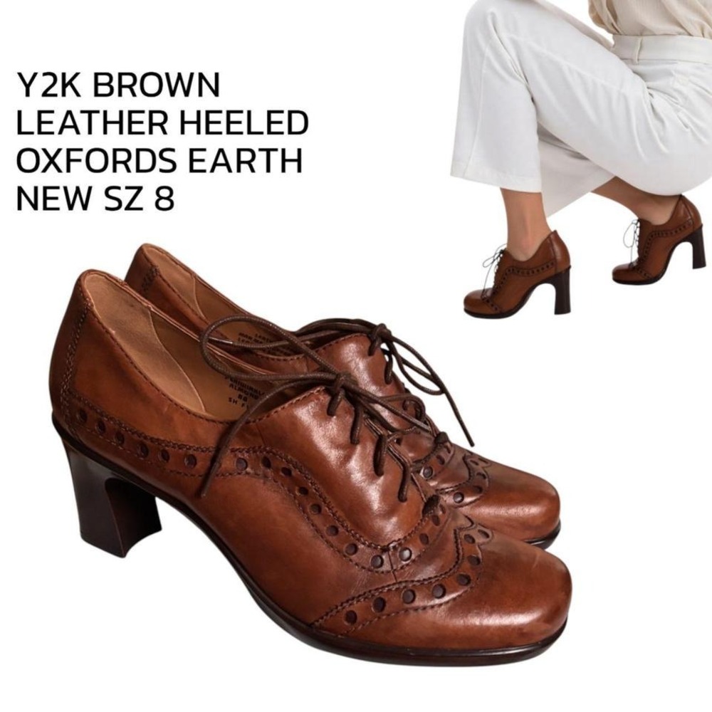 Y2K‎ VINTAGE BROWN LEATHER HEELED LACE UP OXFORDS EARTH SZ. 8 NEW